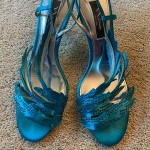 Nina Evening Heel - Teal, satin w/ crystals